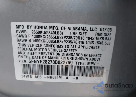 2008 Honda Pilot Vp from USA, damaged, VIN 5FNYF28278B022769